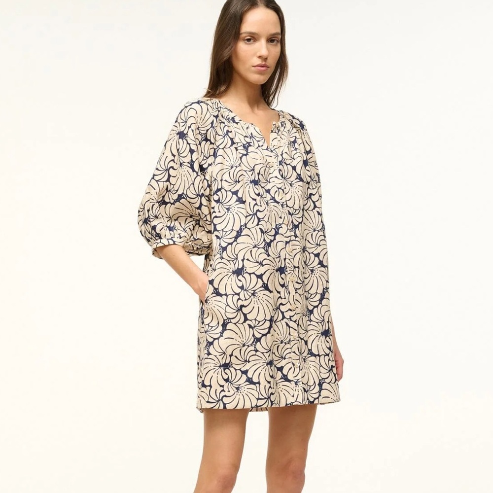 STAUD Cream and Navy Floral Mini Dress